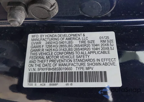 2025 Honda Passport Awd Ex-L from USA, damaged, VIN 5FNYF8H58SB019660